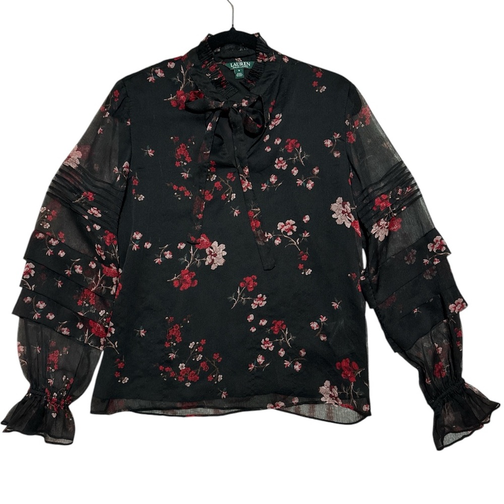 Lauren Ralph Lauren Black with Red and Pink Floral Details- Puff Sleeve Blouse